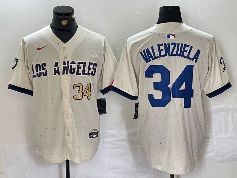 Men Los Angeles Dodgers #34 Valenzuela Cream Fashion Nike Game MLB Jersey style 4
